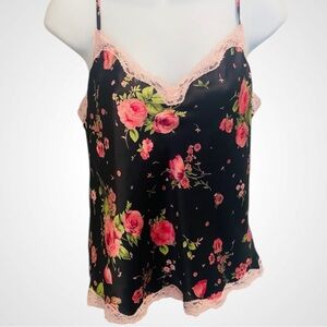 2002 Victoria’s Secret Silky Pink Roses Lace Black Vintage Camisole Tank Top M